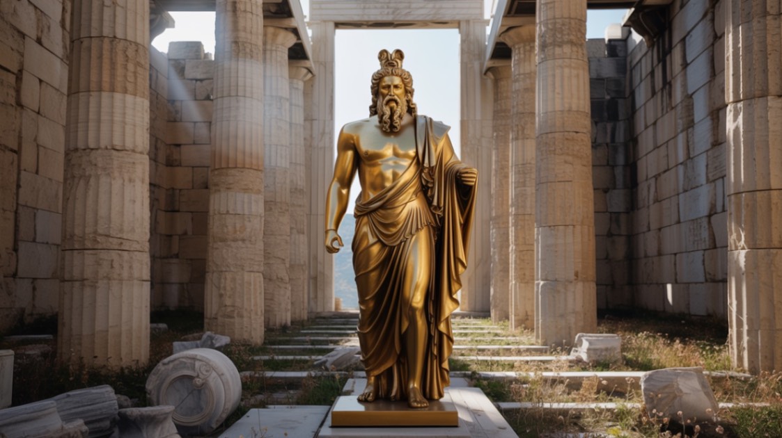 De ce aurul are o semnificat_ie speciala__ (imagine cu o statuie din aur a lui Zeus intr-un templu elen)