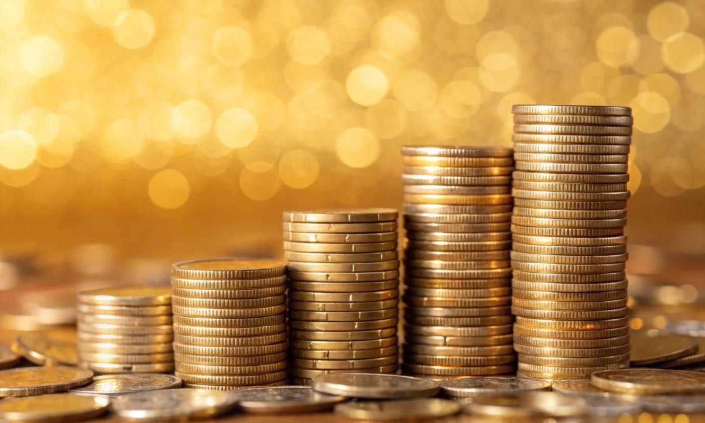 Monedele de aur (monede de aur așezate în turnuri, bokeh, fundal auriu)