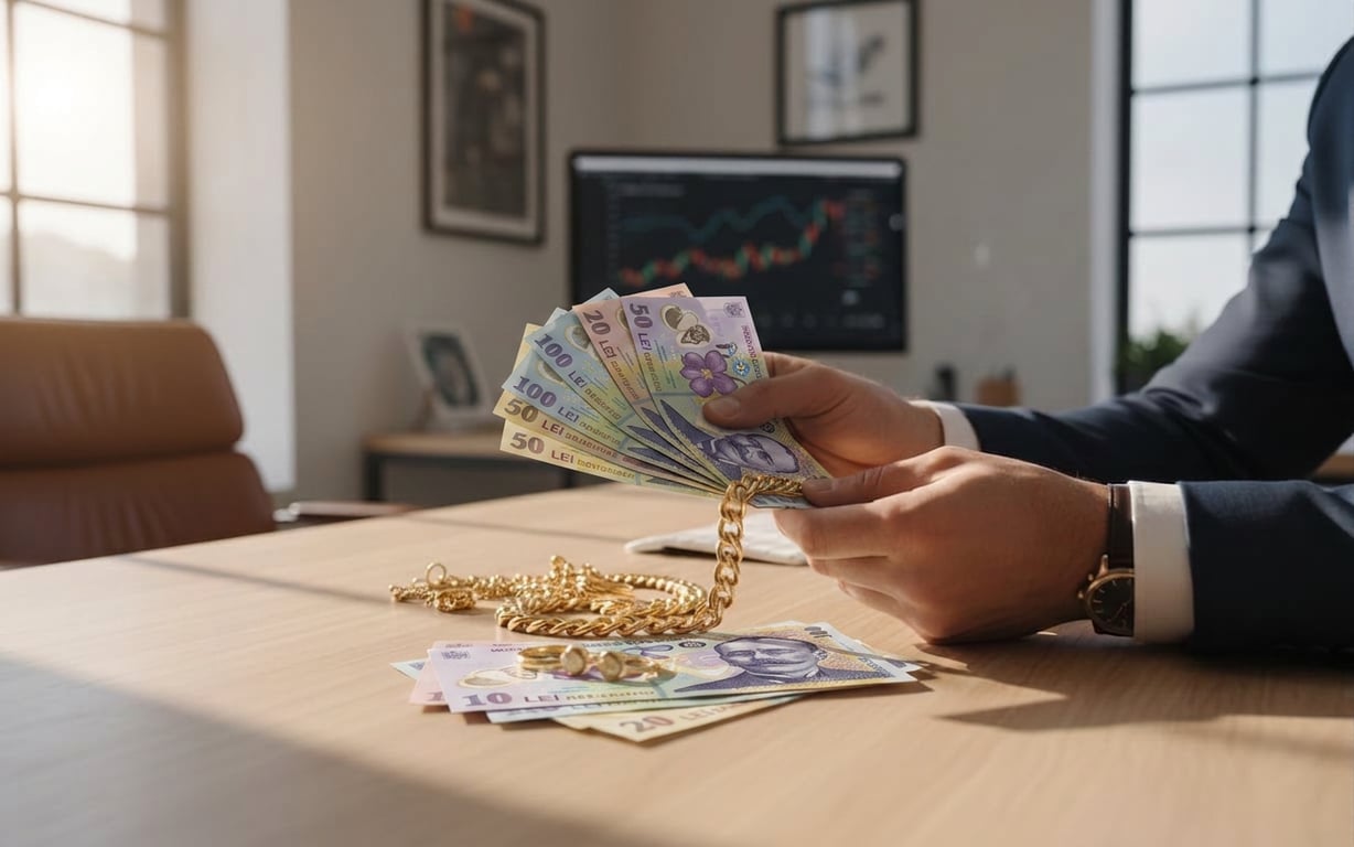 Lichiditate financiara╠&aring; urgenta╠&aring; (barbat care numara bani, lei romanesti, bijuterii din aur, amanet)