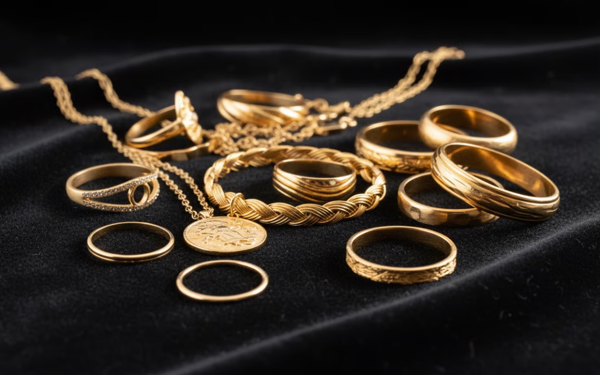 Puritatea aurului (diferite tipuri de bijuterii din aur, catifea neagra, modele antice)